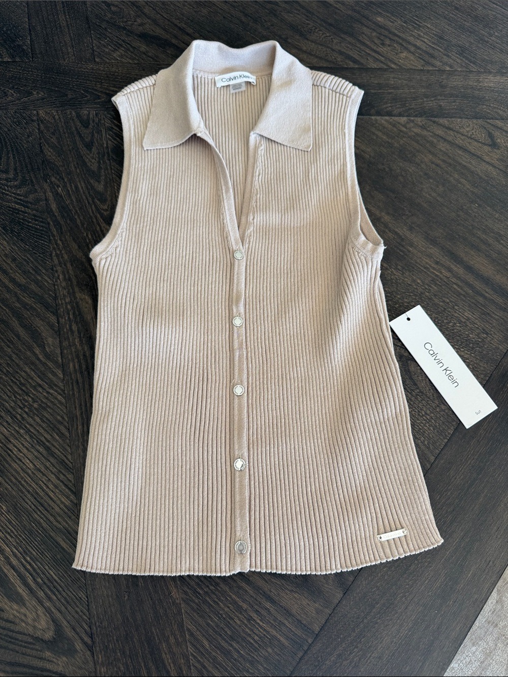 Calvin Klein Light Beige Sleeveless Ribbed Button-Down Top